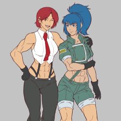 2girls art0408spoon blue_eyes blue_hair breasts closed_eyes earrings female_focus formal_clothes gloves huge_breasts jewelry large_breasts leona_heidern long_hair military multiple_girls muscular muscular_female pants ponytail red_hair shirt short_hair shorts smile spoonshark the_king_of_fighters thick_thighs thighs vanessa_(kof) white_shirt wide_hips