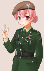 1970s 1girl belt beret black_belt bow brown_hat coat cowboy_shot ebifly green_coat grey_background hair_bow hand_up hat index_finger_raised long_sleeves looking_at_viewer medal military military_uniform original paratrooper pink_eyes pink_hair simple_background smile soldier solo