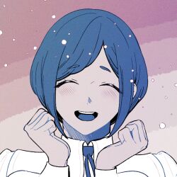 1girl :d ^_^ b1ue_e4rth blue_hair blush clenched_hands closed_eyes collared_shirt commentary facing_viewer fukurai_azami hands_up hashtag-only_commentary long_sleeves open_mouth shirt short_hair smile solo swept_bangs toshi_densetsu_kaitai_center upper_body white_shirt