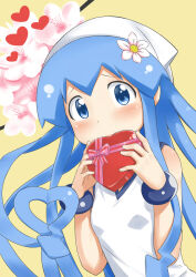1girl bare_shoulders blue_eyes blue_hair blush bow breasts candy chocolate chocolate_heart closed_mouth dot_nose feet_out_of_frame female_focus flower food greedhollow hair_flower hair_ornament hat heart heart_(symbol) highres holding ikamusume long_hair looking_at_viewer matching_hair/eyes shinryaku!_ikamusume small_breasts solo squid_girl squid_hat standing tentacle_hair valentine