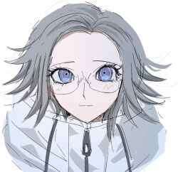 1boy aotsuki_eito blue_eyes blush closed_mouth glasses grey_hair looking_at_viewer male_focus parted_hair simple_background smile solo solo_focus the_hundred_line_-last_defense_academy- upper_body white_background zipper zipper_pull_tab