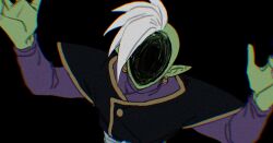 1boy bad_id bad_twitter_id black_background blue_sash colored_skin dragon_ball dragon_ball_super earrings facing_viewer green_skin hole_in_face horror_(theme) jewelry long_sleeves mohawk obscured_face pointy_ears potara_earrings purple_shirt sash shirt short_hair solo sugao_n3 white_hair zamasu