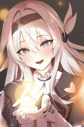 1girl absurdres black_eyes black_hairband black_jacket blurry blush bokeh depth_of_field firefly_(honkai:_star_rail) grey_hair hair_between_eyes hairband hands_up highres honkai:_star_rail honkai_(series) jacket light long_hair long_sleeves looking_at_viewer open_mouth rkin shirt smile solo teeth upper_teeth_only white_shirt