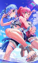 2girls ahoge armpits artist_name back-to-back bikini black_shorts blue_eyes blue_hair blue_nails blue_sky blue_toenails blush bracelet breasts chain cloud dated earrings estrella_(uypu4574) feet foot_focus green_eyes hair_ornament hair_ribbon highres holding_hands hololive hololive_summer_2023_swimsuit hoshimachi_suisei jewelry leg_up looking_at_viewer looking_down medium_breasts multiple_girls nail_polish one_eye_closed open_mouth pink_hair pink_nails pink_toenails ponytail ribbon sakura_miko sandals shorts side_ponytail sky small_breasts smile splashing star_(symbol) sun swimsuit toeless_footwear toenail_polish toenails toes victory_pose virtual_youtuber wet wink