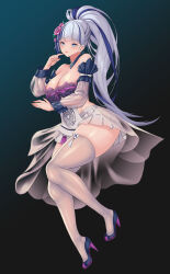 1girl black_background black_collar black_shoes blue_eyes blue_hair breasts cleavage collar commission copyright_request detached_collar detached_sleeves flower full_body gradient_background grey_hair hair_flower hair_ornament high_heels highres large_breasts long_hair mad_kimo miniskirt multicolored_hair parted_lips pink_flower pink_rose ponytail purple_shoes rose see-through_clothes see-through_sleeves shoes skirt snowflake_pupils streaked_hair tassel thighhighs white_skirt