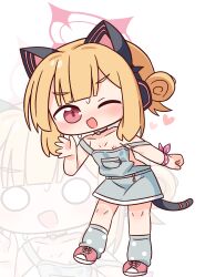 1girl :d ;d animal_ear_headphones animal_ears bare_shoulders blonde_hair blue_archive blush breasts chibi collarbone fake_animal_ears grey_socks hair_bun halo hana_kazari hand_up headphones heart highres loli looking_at_viewer momoi_(blue_archive) multiple_views nipples o_o one_eye_closed open_mouth overall_skirt pink_eyes pink_shoes polka_dot_socks shoes simple_background single_side_bun small_breasts smile socks strap_slip sweat tail white_background zoom_layer