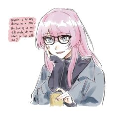 Rule 34 | 1girl, bang dream!, bang dream! it&#039;s mygo!!!!!, chihaya anon, commentary, english commentary, english text, fangs, glasses, grey eyes, grey jacket, jacket, long hair, niigouki, open mouth, pink hair, simple background, sleeves past wrists, solo, teeth, upper teeth only, white background