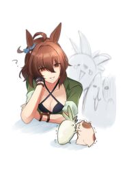 1girl ? agnes_tachyon_(lunatic_lab)_(umamusume) agnes_tachyon_(umamusume) ahoge animal_ears bikini black_bikini black_gloves breasts brown_hair cleavage criss-cross_halter elbow_rest gloves green_jacket guinea_pig halterneck hand_in_own_hair highres horse_ears jacket radish red_eyes riko_(ri_cotta_c) short_sleeves small_breasts smile solo swimsuit trembling umamusume upper_body white_background