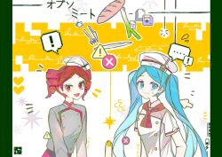 3girls absurdres akita_neru alternate_hairstyle baguette blue_eyes blue_hair blue_shirt bread buttons character_name chef_hat cursor double-breasted drill_hair fingernails food fork grey_jacket hashtag-only_commentary hat hatsune_miku highres hjia0799 jacket kasane_teto long_sleeves looking_at_viewer multiple_girls neckerchief obsolete_meat_(vocaloid) open_mouth plate pointing red_eyes red_hair red_neckerchief red_skirt red_trim shirt short_sleeves skirt spring_onion sweat table_knife twin_drills twintails utau vocaloid white_background white_hat yellow_background yellow_nails
