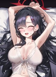 1girl absurdres alternate_costume armpits arms_behind_head bare_arms black_hair black_wings blue_archive blush breasts cleavage closed_eyes feathered_wings hair_behind_ear hair_ornament hairclip hido88 highres ichika_(blue_archive) large_breasts long_hair looking_at_viewer lying navel nightgown on_back open_mouth solo sweatdrop white_nightgown wings