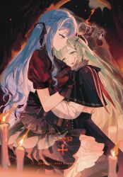 Rule 34 | 2girls, absurdres, artist request, bang dream!, bang dream! it&#039;s mygo!!!!!, black gloves, black ribbon, black skirt, blue hair, candle, chinese commentary, closed mouth, commentary request, commission, cup, drink, drinking glass, earrings, gloves, green hair, hair ribbon, hand on another&#039;s face, hand on another&#039;s waist, hat, highres, holding, holding drink, jewelry, long hair, mortis (bang dream!), mortis (costume) (bang dream!), multiple girls, oblivionis (bang dream!), open mouth, pouring, red hat, red shirt, ribbon, second-party source, see-through clothes, see-through sleeves, shirt, short sleeves, sitting, sitting on lap, sitting on person, skirt, smile, togawa sakiko, two side up, wakaba mutsumi, watermark, wine glass, yellow eyes, yuri