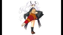 1girl absurdres black_cape black_socks breasts brown_jacket brown_shoes cape eyepatch highres holding holding_umbrella jacket large_breasts long_hair long_sleeves necktie non-web_source official_art oil-paper_umbrella pillarboxed red_eyes red_necktie red_skirt senran_kagura senran_kagura_shoujo-tachi_no_shin&#039;ei shoes shuriken_hair_ornament skirt socks solo umbrella white_background white_hair yaegashi_nan yagyu_(senran_kagura)