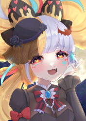 1girl absurdres blonde_hair blue_hair breasts grey_hair heart heart-shaped_pupils highres jack_the_ripper_(monster_strike) multicolored_hair symbol-shaped_pupils uttsu_(yumaviviane)