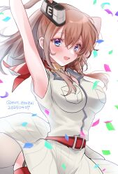 Rule 34 | 1girl, anchor, battle effectiveness award, belt, blue eyes, breast pocket, breasts, brown hair, commentary request, confetti, dress, hair between eyes, hair ornament, high side ponytail, highres, kantai collection, large breasts, long hair, looking at viewer, mot zenzai, neckerchief, one-hour drawing challenge, open mouth, pocket, ponytail, red belt, red neckerchief, red thighhighs, saratoga (kancolle), side ponytail, smile, smokestack, smokestack hair ornament, solo, thighhighs, white dress