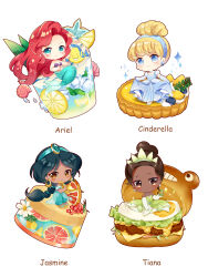 4girls absurdres aladdin_(movie) ariel_(disney) axiang_seika black_hair blonde_hair brown_eyes brown_hair cake chibi cinderella_(disney_character) cinderella_(disney_character)_(cosplay) cinderella_(disney_movie) cosplay dark-skinned_female dark_skin disney disney_princess dress food gloves highres hood jasmine_(disney) jewelry long_hair multiple_girls smile the_little_mermaid_(disney) the_princess_and_the_frog tiana_(the_princess_and_the_frog)