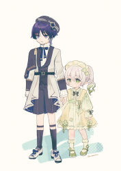 Rule 34 | 1boy, 1girl, alternate costume, alternate hairstyle, arm at side, arms at sides, beret, black bow, black brooch, black capelet, black hat, black shorts, black sleeve cuffs, black socks, black vest, blue coat, blunt ends, bow, bowtie, bright pupils, buttons, capelet, closed mouth, coat, colored tips, cross-laced shoes, cross-shaped pupils, double-breasted, dress, eyelashes, formal clothes, frilled dress, frilled socks, frills, full body, genshin impact, gold trim, gradient hair, green bow, green bowtie, green dress, green eyes, green hair, green shoes, green sleeves, green socks, grey eyes, hair between eyes, hair intakes, half capelet, hat, height difference, highres, holding hands, hoto rina, kneehighs, long hair, long sleeves, looking at viewer, looking to the side, mary janes, multicolored hair, nahida (genshin impact), open clothes, open coat, parted bangs, pointy ears, puffy sleeves, purple hair, ringlets, scaramouche (genshin impact), shoes, shorts, side ponytail, sidelocks, sleeves past wrists, sneakers, socks, standing, symbol-shaped pupils, tareme, twitter username, two-sided coat, two-sided fabric, vest, white background, white coat, white hair, white pupils, white shoes, white sleeves, white undershirt, wispy bangs