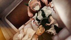 Rule 34 | 1boy, 1girl, akiha rumiho, animal ears, apron, back bow, beard stubble, belt around waist, belt buckle, black pantyhose, black skirt, blood, blood on clothes, blurry, blurry foreground, bow, breasts, buckle, buttons, car, car interior, cat ears, coat, collar, collarbone, crossed bangs, dirty, dirty face, dress, drill hair, dutch angle, facial hair, fake animal ears, frilled collar, frilled dress, frilled hairband, frilled skirt, frills, game cg, hair between eyes, hairband, hand on another&#039;s head, highres, huke, injury, knees together feet apart, lab coat, lap pillow, lapels, limousine, limousine interior, long hair, long skirt, looking at another, looking down, lying, lying on lap, lying on person, maid, maid apron, maid headdress, mayqueen maid uniform, medium breasts, messy hair, motor vehicle, narrowed eyes, non-web source, notched lapels, official art, okabe rintarou, on side, pantyhose, parted lips, pink eyes, pink hair, pink lips, puffy short sleeves, puffy sleeves, red ribbon, ribbon, ribbon-trimmed collar, ribbon-trimmed corset, ribbon-trimmed hairband, ribbon-trimmed sleeves, ribbon trim, ringed eyes, shiny lips, shirt, short hair, short sleeves, sitting, skirt, square pupils, steins;gate, stubble, sunset, surprised, t-shirt, teeth, tsurime, twin drills, twintails, white apron, white bow, white coat, white dress, white shirt, worried, wrist cuffs