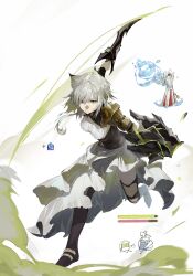 1girl 1other absurdres animal_ears arknights boots cat_ears cat_girl cutting dress expressionless frown full_body gameplay_mechanics green_eyes green_hair health_bar highres holding holding_sword holding_weapon kal&#039;tsit_(arknights) layered_dress leaning_forward long_dress long_hair looking_at_viewer mon3tr_(arknights) serious solo_focus standing standing_on_one_leg sword tabayashi thigh_boots weapon