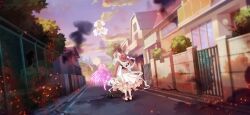 3girls ahoge bridal_veil chain-link_fence cloud date_a_live date_a_live:_spirit_pledge dress dutch_angle elbow_gloves fence floating game_cg gloves horns house itsuka_kotori_(spirit) japanese_clothes long_hair multiple_girls official_art outdoors red_hair ribbon sash short_hair smoke smoke_trail standing third-party_source tobiichi_origami_(spirit) tree twintails veil white_dress white_hair white_ribbon wide_sleeves window