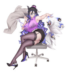 2boys 3girls 57lc absurdres armpits ass belt black_footwear black_hair black_skirt bra breasts broken_horn brown_dust_(series) brown_dust_2 brown_thighhighs chair chibi colored_inner_hair crossed_legs demon_girl demon_horns earrings eclipse_(brown_dust_2) eyebrows_hidden_by_hair full_body garter_belt gray_(brown_dust) hair_between_eyes hair_ornament hair_scrunchie high_heels highres holding holding_jacket holding_pencil holding_unworn_clothes horns id_card jacket jewelry justia_(brown_dust) lace lace_bra lanyard large_breasts lathel_(brown_dust) long_hair multicolored_hair multiple_boys multiple_girls office_chair office_lady one_eye_closed panicking panties panty_peek paper pencil pointing pointing_up purple_hair purple_panties purple_shirt scheherazade_(brown_dust) scrunchie see-through_clothes see-through_shirt shirt simple_background sitting skirt sleeveless sleeveless_shirt smile stiletto_heels swivel_chair thighhighs throwing tongue tongue_out two-tone_hair underwear unworn_footwear unworn_jacket very_long_hair white_background