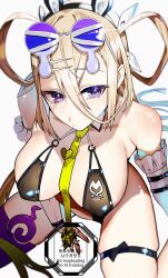 Rule 34 | 1girl, animal ears, bare shoulders, black one-piece swimsuit, breasts, cleavage, eyewear on head, fake animal ears, fate/grand order, fate (series), green necktie, grey hair, hair rings, highleg, highleg one-piece swimsuit, highres, huyan zhuo (fate), huyan zhuo (swimsuit) (fate), kabosoi mangaka, large breasts, long hair, looking at viewer, multicolored hair, navel, necktie, one-piece swimsuit, plunging neckline, purple eyes, rabbit ears, solo, streaked hair, sunglasses, swimsuit