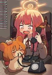 1girl 1other @_@ absurdres animal aru_(blue_archive) blue_archive chair cheonhonyang desk guardian_tales halo highres nari_(guardian_tales) pink_hair red_eyes sitting