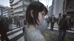 1girl black_eyes black_hair city commentary_request crosswalk crowd expressionless highres kanikumi_toi looking_to_the_side mask mouth_mask original outdoors profile road short_hair sky solo_focus street