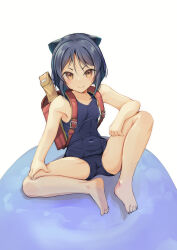 1girl absurdres animal_ears arcana_heart backpack bag barefoot blue_hair blue_one-piece_swimsuit breasts brown_eyes cat_ears covered_navel daidouji_kira full_body highres looking_at_viewer one-piece_swimsuit randoseru school_swimsuit short_hair sitting small_breasts solo swimsuit yashin_(yasinz)