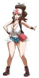 1girl baseball_cap between_breasts black_boots black_vest blue_eyes boots breasts cleavage full_body hat hilda_(pokemon) huge_breasts long_hair matsumaruyama nintendo open_mouth pokemon pokemon_bw ponytail short_shorts shorts simple_background smile solo standing tank_top undersized_clothes vest white_background white_tank_top wide_hips wristband