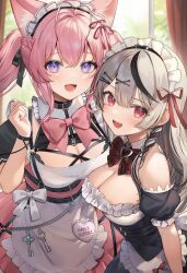 2girls alternate_costume animal_ear_fluff animal_ears antenna_hair apron aria_(ariacue) bib_collar black_dress black_hair blush bow bowtie braid breasts chain character_name chest_harness cleavage commentary_request corset coyote detached_collar double-parted_bangs dress enmaided fang framed_breasts frilled_apron frills from_above grey_hair hair_ornament hair_ribbon hairpin hakui_koyori hakui_koyori_(dark_maid) half_up_braid harness highres hololive key large_breasts long_hair looking_at_viewer maid maid_apron maid_headdress multicolored_hair multiple_girls off_shoulder official_alternate_costume official_alternate_hairstyle open_mouth pink_bow pink_bowtie pink_dress pink_hair plaid_bow plaid_bowtie plaid_clothes puffy_short_sleeves puffy_sleeves purple_eyes red_bow red_bowtie red_eyes ribbon sakamata_chloe short_sleeves smile streaked_hair tail twintails underbust virtual_youtuber white_apron wolf_ears wolf_tail x_hair_ornament