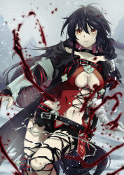 1girl absurdres bandaged_arm bandages belt black_belt black_hair black_shorts braid breasts cleavage cyan_paint hair_between_eyes highres long_hair looking_at_viewer navel parted_lips short_shorts shorts solo tales_of_(series) tales_of_berseria torn_clothes velvet_crowe yellow_eyes