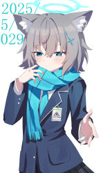 1girl absurdres abydos_high_school_logo animal_ear_fluff animal_ears black_jacket black_skirt blue_archive blue_eyes blue_halo blue_necktie blue_scarf bright_pupils commentary cross_hair_ornament dated english_commentary fox_ears fox_girl grey_hair hair_ornament halo highres id_card jacket long_sleeves looking_to_the_side mismatched_pupils necktie offering_hand scarf shiroko_(blue_archive) shirt skirt solo white_pupils white_shirt yaoyaozi_bu_shi_renjian_yanhuo