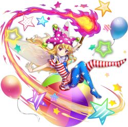 1girl american_flag american_flag_dress american_flag_legwear american_flag_print asymmetrical_legwear ball balloon beachball blonde_hair breasts closed_mouth clownpiece dress fairy fairy_wings flag_print full_body game_cg hat highres holding holding_torch jester_cap long_hair looking_at_viewer mismatched_legwear neck_ruff official_art pantyhose pink_eyes pink_hat polka_dot_headwear rotte_(1109) short_sleeves sitting_on_ball smile solo star_(symbol) star_print striped_clothes striped_dress striped_pantyhose third-party_source torch touhou touhou_lostword transparent_background very_long_hair wings