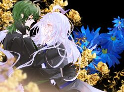 2boys ahoge black_background black_gloves black_jacket blue_flower blue_hair blue_necktie cheek_tattoo chinese_commentary closed_mouth collared_shirt commentary_request cowboy_shot face-to-face flipped_hair floral_background flower from_side gatling_pea_(plants_vs._zombies) gloves green_hair grey_eyes hair_between_eyes hand_on_another&#039;s_back hand_on_another&#039;s_neck highres jacket layered_sleeves long_hair long_hair_between_eyes looking_at_another male_focus medium_hair multiple_boys necktie pale_skin parted_lips personification plants_vs._zombies plants_vs._zombies_2 profile rose shadow_peashooter_(plants_vs._zombies) shirt siiiiiiiiiii simple_background smile standing tattoo very_long_hair white_shirt yaoi yellow_eyes yellow_flower yellow_rose