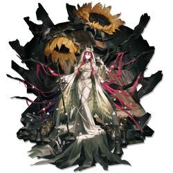 1girl absurdres arknights armored_boots armored_gloves ascalon_(arknights) ascalon_(phototaxis)_(arknights) belt black_belt boots breasts broken_vase bug bush butterfly butterfly_hair_ornament cape capelet cenm0 choker demon_girl demon_horns demon_tail dress earrings flower frilled_sleeves frills full_body gold_hairband green_cape hair_between_eyes hair_flower hair_intakes hair_ornament hairband highres holding holding_sword holding_weapon hood hooded_cape horns insect jewelry large_breasts long_dress long_hair looking_at_viewer necklace official_alternate_costume official_art orange_eyes pearl_necklace pointy_ears red_hair rock sidelocks snail solo sunflower sword tail taut_clothes taut_dress teardrop third-party_source transparent_background tree two-tone_cape very_long_hair weapon white_butterfly white_cape white_capelet white_choker white_dress white_flower white_horns white_tail wide_sleeves wilted_flower