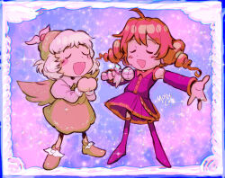 2girls closed_eyes drill_hair hat highres kasane_teto microphone molly_yancey multiple_girls music mystia_lorelei open_mouth outstretched_arm short_hair singing sky star_(sky) starry_sky touhou wings