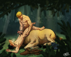 2boys arm_over_head bad_id bad_tumblr_id bara black_hair blonde_hair blush breath centaur clenched_teeth completely_nude couple covering_face cris_art cum cum_on_body cum_on_male cum_on_pectorals forest from_side grabbing_another&#039;s_ass groping hair_over_eyes handjob hulkling interspecies long_sideburns male_focus male_pubic_hair marvel missionary monsterification multiple_boys nature navel_hair nipples nude pectorals pubic_hair short_hair sideburns sitting taur teeth thick_eyebrows toned toned_male torogao unworn_clothes wiccan yaoi