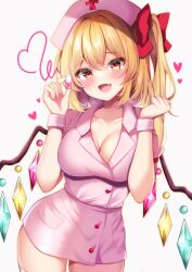 1girl :d alternate_breast_size alternate_costume blonde_hair blush bow breasts cleavage clenched_hand collarbone collared_shirt commentary_request cowboy_shot crystal curvy fang flandre_scarlet hair_between_eyes hair_bow hands_up hat heart heart_of_string highres holding holding_pill large_breasts long_hair looking_at_viewer lovestruck miniskirt nurse nurse_cap open_mouth pencil_skirt pill pink_hat pink_shirt pink_skirt pink_wrist_cuffs red_bow red_eyes shirotsuki_shirone shirt simple_background skin_fang skirt smile solo straight-on touhou tsurime white_background wings wrist_cuffs