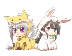 2girls :d :t animal_costume animal_ears animal_hood black_hair blue_eyes blush bow chibi closed_mouth clover crescent fake_animal_ears fake_tail four-leaf_clover fox_costume fox_ears fox_hood fox_tail grey_hair hair_between_eyes hair_bow hair_ornament hairclip higuchi_kaede hood hood_up looking_at_viewer mole mole_under_eye mouth_hold multiple_girls nijisanji nose_blush open_mouth ponytail purple_eyes rabbit_costume rabbit_ears rabbit_tail rebecca_(keinelove) shadow simple_background sitting smile stalk_in_mouth tail tsukino_mito virtual_youtuber white_background white_bow