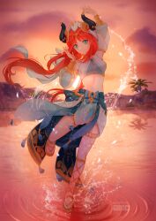 1girl absurdres arm_up artist_name black_horns blue_brooch brooch celtreny closed_mouth commentary dancing detached_sleeves deviantart_logo english_commentary fake_horns full_body genshin_impact gladiator_sandals gold_trim hand_up harem_outfit highres horns jewelry long_hair looking_at_another low_twintails midriff nilou_(genshin_impact) orange_sky pixiv_logo red_hair ripples sandals sky smile solo thighlet twintails twitter_logo twitter_username veil water white_veil