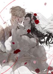 1boy 1girl absurdres black_hair bridal_veil bride brooch brown_eyes dress falling_petals fingerless_gloves flower flower_brooch from_side fur_shawl gloves grey_hair hair_flower hair_ornament hand_on_another&#039;s_cheek hand_on_another&#039;s_face hetero high_collar highres jacket jewelry long_hair long_sleeves nail_polish nakddidi original parted_bangs petals red_flower red_nails shawl short_hair string string_of_fate veil wedding_dress white_background white_dress white_gloves white_jacket