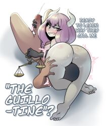 1boy 1girl ass aura_(sousou_no_frieren) barefoot black_gloves blue_eyes commentary cum demon_girl demon_horns ejaculation elbow_gloves english_commentary english_text gloves handjob highres holding_scale horns huge_ass kronos_soul penis purple_hair simple_background sousou_no_frieren strangling toes weighing_scale white_background