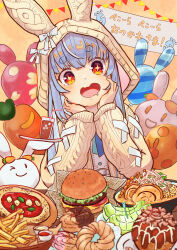 absurdres animal_balloon balloon birthday_cake blue_hair burger cake food highres hikimayu hololive orange_eyes rabbit_balloon roya_(roya247) star-shaped_pupils star_(symbol) symbol-shaped_pupils usada_pekora virtual_youtuber
