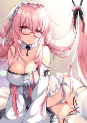 1girl arm_support azur_lane bare_shoulders blush breasts cleavage collarbone commentary_request crop_top detached_collar detached_sleeves garter_belt glasses hair_spread_out hairband highres large_breasts long_hair looking_at_viewer navel panties perseus_(azur_lane) pink_eyes pink_hair revision ringo_sui sidelocks sitting smile solo thighhighs underwear very_long_hair white_hairband white_panties white_thighhighs wide_sleeves