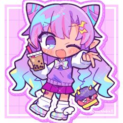 Rule 34 | 1girl, ;d, bandaid, bandaid on leg, blue eyes, blue hair, blush, border, bow, bowtie, bubble tea, chibi, chibi only, collared shirt, commentary request, cone hair bun, double bun, fang, full body, gradient hair, grid background, gyaru, gyaru v, hair bun, holding, long hair, long sleeves, looking at viewer, loose socks, multicolored hair, nail polish, one eye closed, open mouth, original, outside border, outstretched arm, parted bangs, pink background, pleated skirt, purple border, purple bow, purple bowtie, purple hair, purple nails, purple shoes, purple skirt, purple sweater vest, richard (richaball), sample watermark, school uniform, shirt, shoes, skirt, smile, socks, solo, standing, sweater vest, twitter username, v, very long hair, watermark, watermark grid, white border, white shirt, white socks