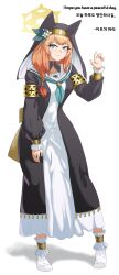 1girl aged_up alternate_breast_size animal_ears armband black_veil blue_archive blue_eyes blush braid cat_ears dress flower hair_flower hair_ornament halo korean_text mari_(blue_archive) orange_hair single_braid socks solo veil white_dress white_socks yellow_halo