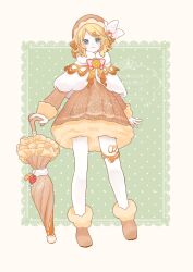 1girl :3 absurdres blonde_hair blue_eyes bright_pupils brown_dress brown_footwear brown_hat capelet country_lolita dress fluff food fruit full_body hair_ornament hairclip hat highres holding holding_umbrella kagamine_rin lolita_fashion long_sleeves looking_at_viewer medium_hair orange_(fruit) orange_ribbon orange_slice pantyhose petticoat ribbon simple_background smile solo standing strawberry strawberry_slice udoseku umbrella vocaloid white_background white_capelet white_pantyhose white_pupils white_ribbon