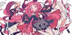 +_+ 1girl arknights black_hair black_jacket black_skirt blush cape colored_tips commentary_request cropped_jacket full_body highres jacket jewelry jumping key locket long_hair looking_at_viewer multicolored_hair nymph_(arknights) open_mouth outstretched_arms pendant pink_eyes pink_hair red_cape red_shoes shirt shoes simple_background skirt solo spread_arms thighhighs white_background white_shirt white_thighhighs ym_dpl
