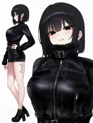 1girl absurdres belt biya_(1024) black_eyes black_hair black_jacket black_shorts boots breasts high_heel_boots high_heels highres jacket large_breasts long_sleeves looking_at_viewer multiple_views original parted_lips short_hair shorts zipper