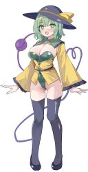 1girl :o arms_at_sides black_footwear black_hat black_thighhighs blush breasts cameltoe cleavage commentary covered_navel frontal_wedgie full_body green_eyes green_hair green_leotard hat hat_ribbon heart heart_of_string highres kamukamu_(ars) komeiji_koishi leotard leotard_under_clothes long_sleeves looking_at_viewer open_mouth ribbon shirt short_hair simple_background solo standing symbol-only_commentary thighhighs third_eye touhou wedgie white_background wide_sleeves yellow_ribbon yellow_shirt